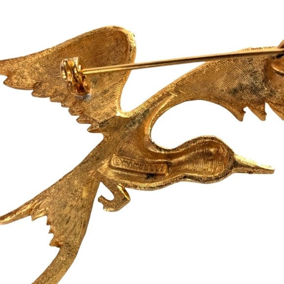 MAMSELLE Signed Flying Crane Gold Brooch Red Jewel Eye - Picture 7 of 12